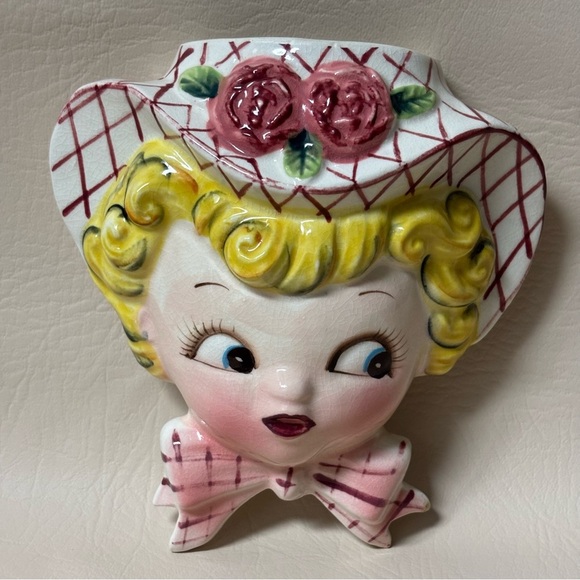 Lefton Other - Vintage 1950s LEFTON? Miss Dainty Wall Pocket Doll Bonnet Flowers Mid Century